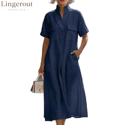 Linen Stand Collar Midi Shirt Dress