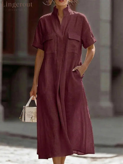 Linen Stand Collar Midi Shirt Dress - Deep red / S