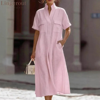 Linen Stand Collar Midi Shirt Dress - Pink purple / S