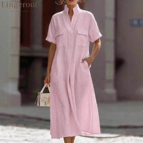 Linen Stand Collar Midi Shirt Dress - Pink purple / S