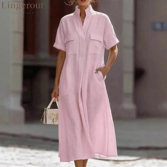 Linen Stand Collar Midi Shirt Dress - Pink purple / S