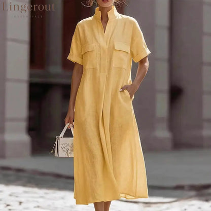 Linen Stand Collar Midi Shirt Dress - Yellow / S