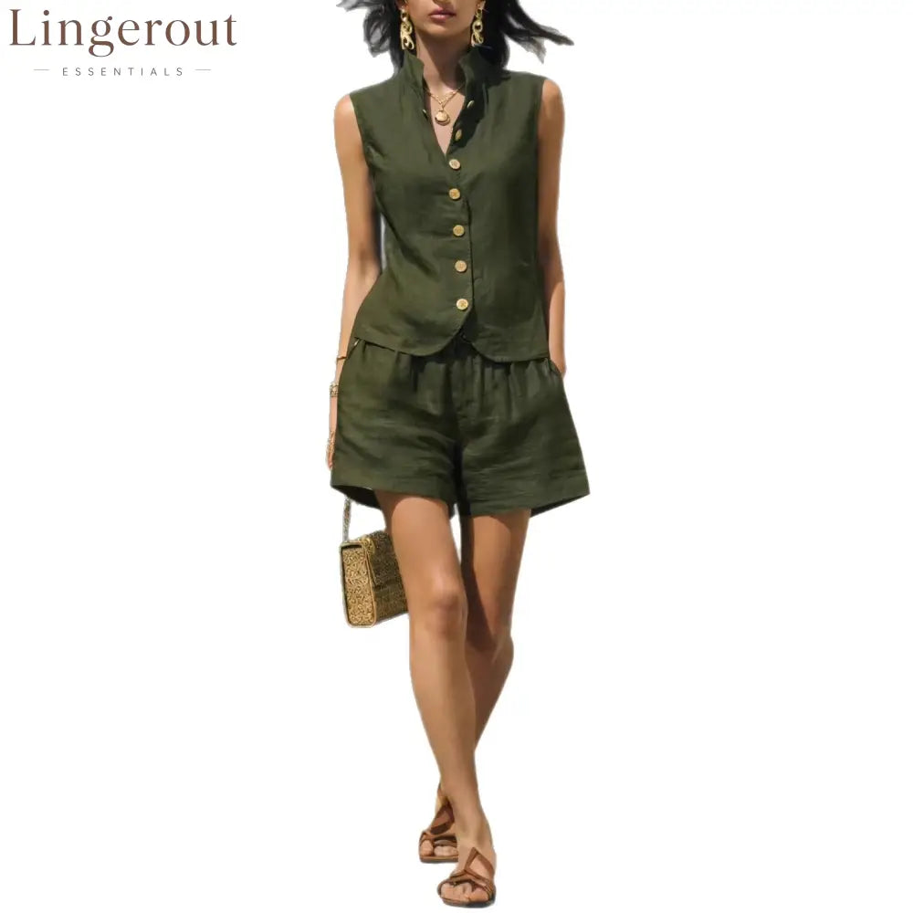 Linen Stand Collar Sleeveless Vest & Elastic Waist Shorts 2 Piece Co-Ord Set