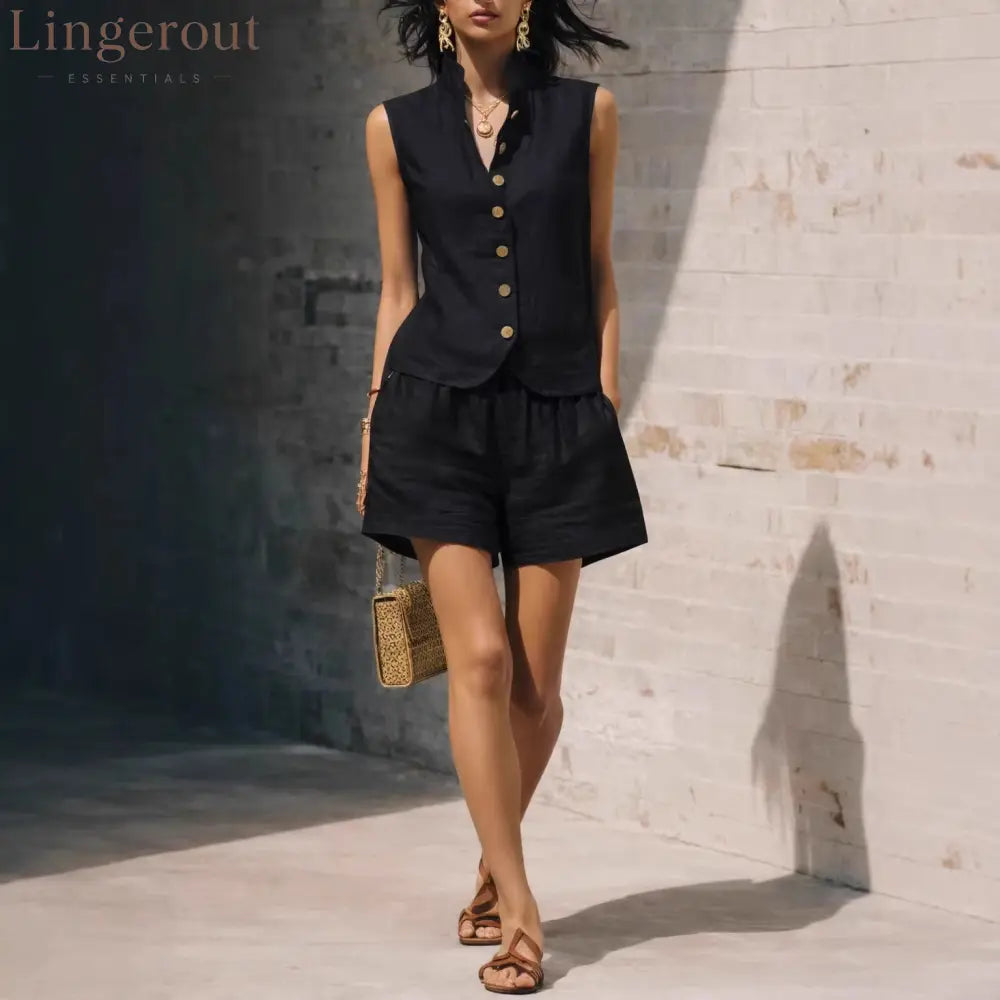 Linen Stand Collar Sleeveless Vest & Elastic Waist Shorts 2 Piece Co-Ord Set