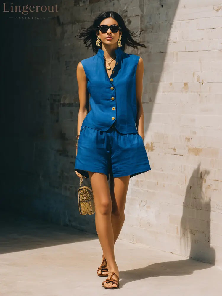 Linen Stand Collar Sleeveless Vest & Elastic Waist Shorts 2 Piece Co-Ord Set - Blue / S