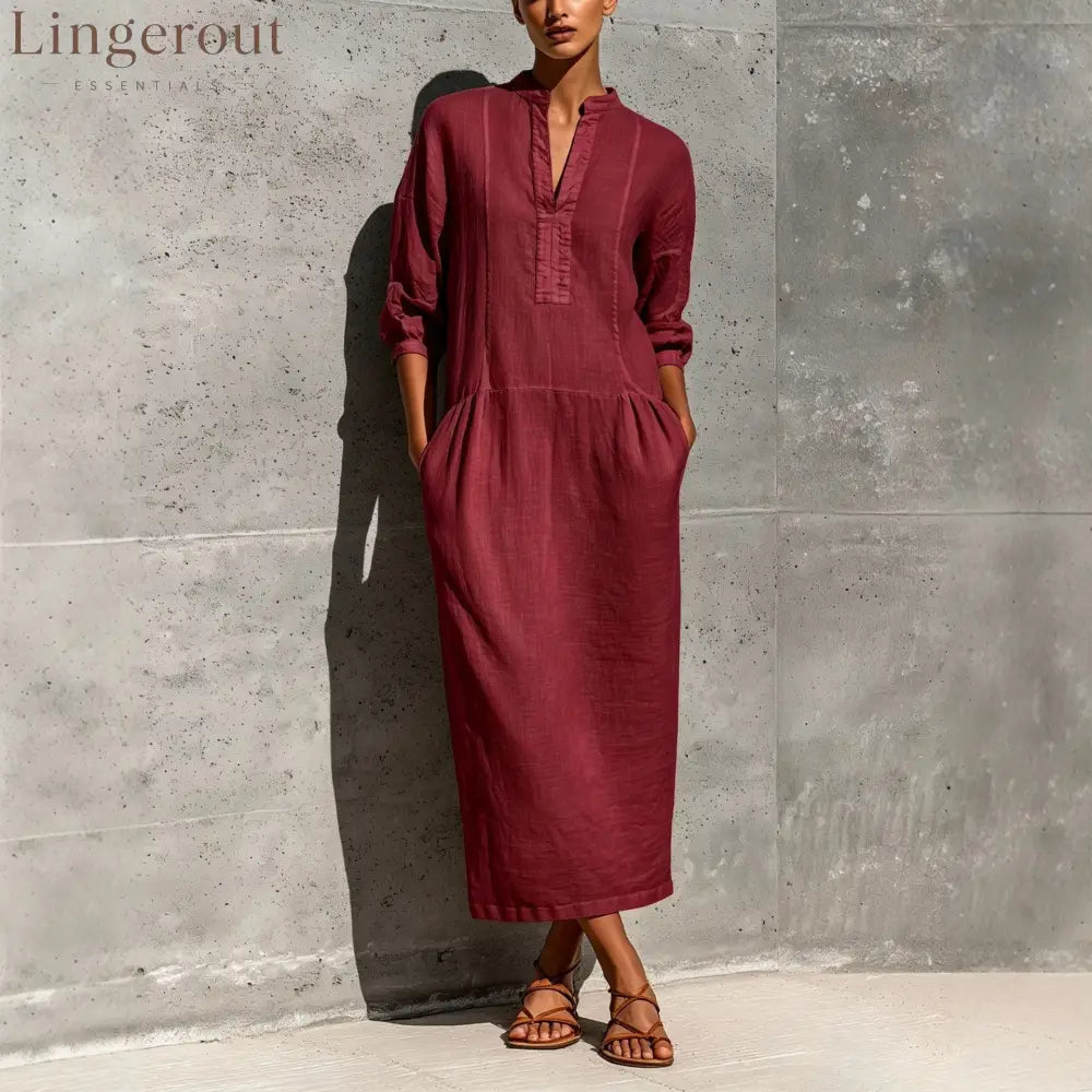 Linen Stand Collar Split V 3/4 Sleeve Drop Pocket Midi Dress