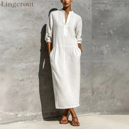 Linen Stand Collar Split V 3/4 Sleeve Drop Pocket Midi Dress