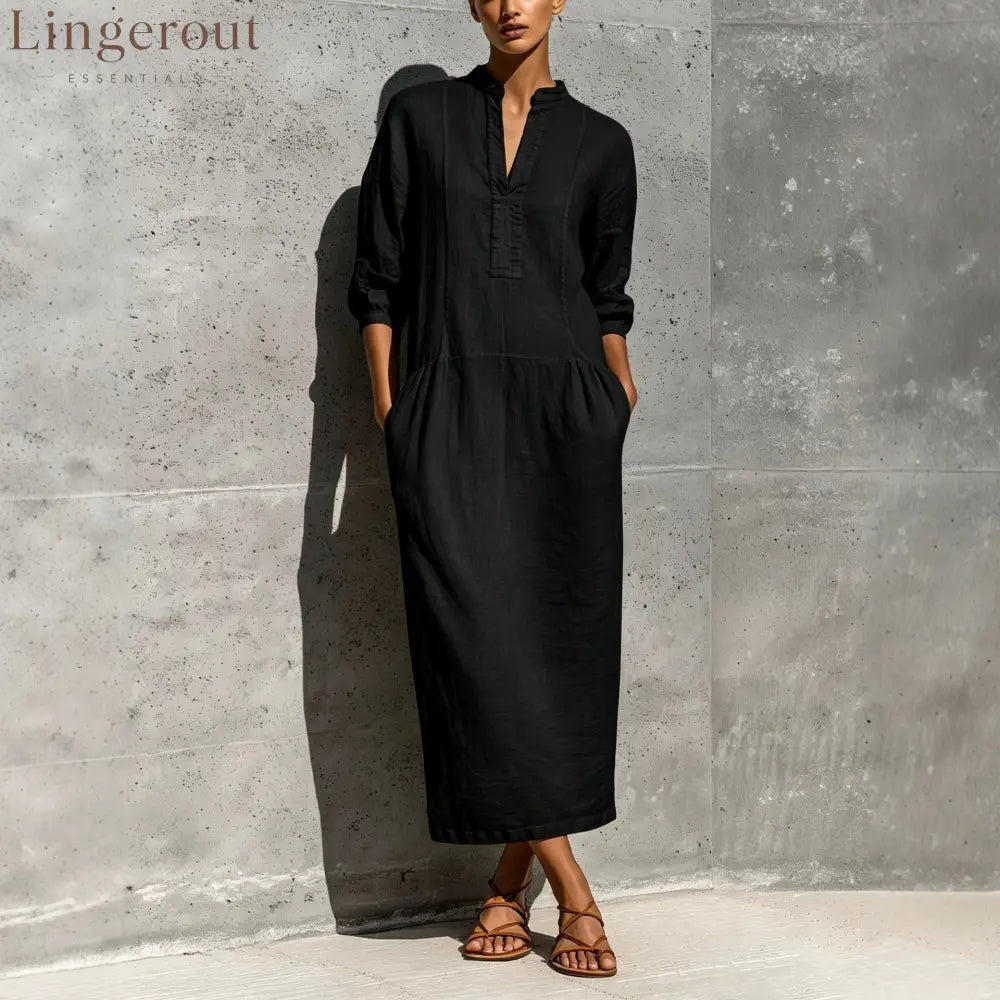 Linen Stand Collar Split V 3/4 Sleeve Drop Pocket Midi Dress