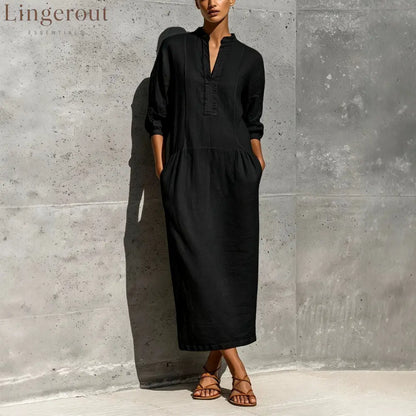Linen Stand Collar Split V 3/4 Sleeve Drop Pocket Midi Dress