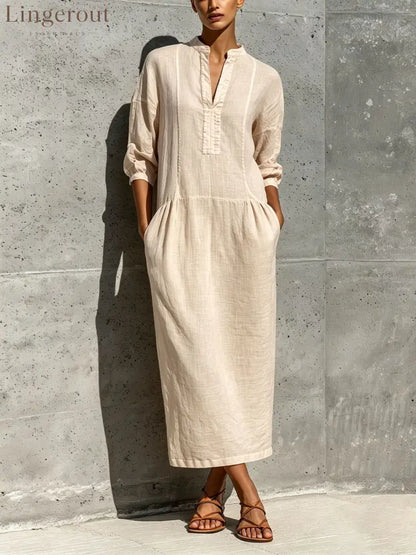 Linen Stand Collar Split V 3/4 Sleeve Drop Pocket Midi Dress - Apricot / S