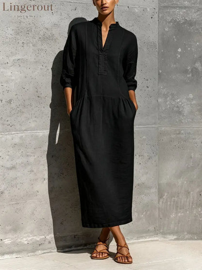Linen Stand Collar Split V 3/4 Sleeve Drop Pocket Midi Dress - Black / S