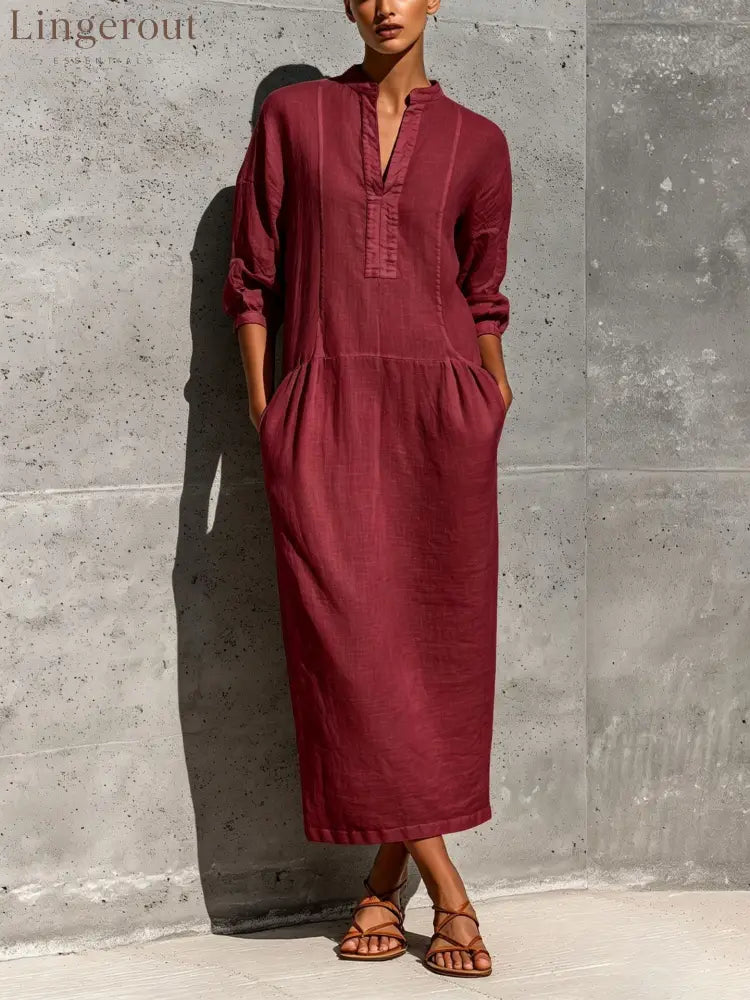 Linen Stand Collar Split V 3/4 Sleeve Drop Pocket Midi Dress - Claret / S