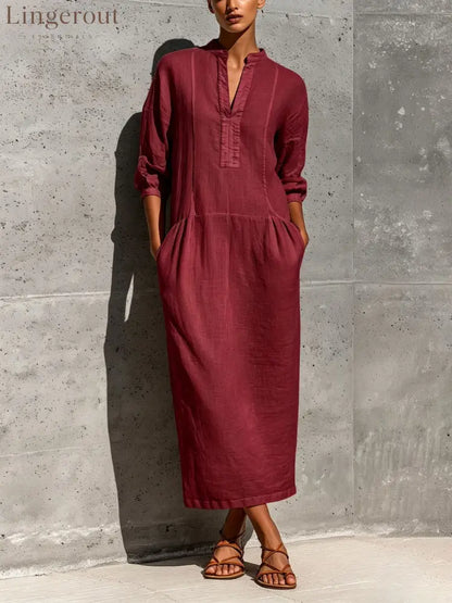 Linen Stand Collar Split V 3/4 Sleeve Drop Pocket Midi Dress - Claret / S