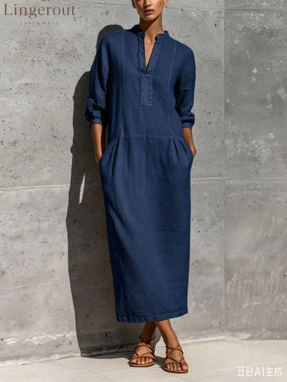 Linen Stand Collar Split V 3/4 Sleeve Drop Pocket Midi Dress - Dark blue / S
