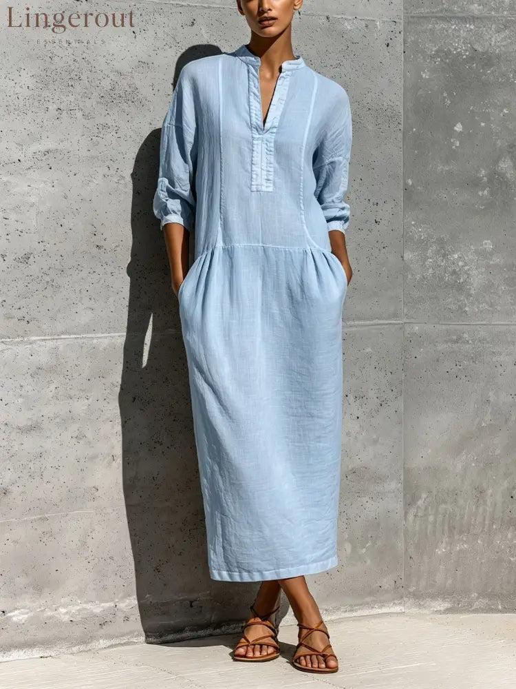 Linen Stand Collar Split V 3/4 Sleeve Drop Pocket Midi Dress - Light blue / S