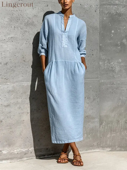 Linen Stand Collar Split V 3/4 Sleeve Drop Pocket Midi Dress - Light blue / S