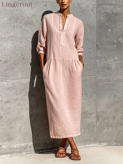 Linen Stand Collar Split V 3/4 Sleeve Drop Pocket Midi Dress - Pink / S