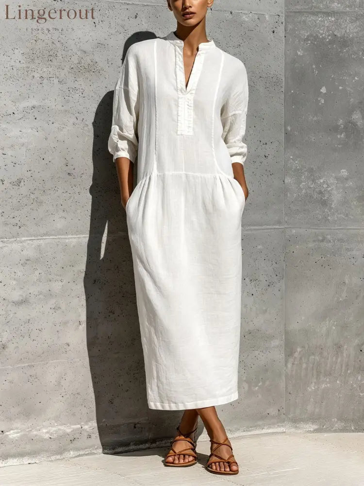 Linen Stand Collar Split V 3/4 Sleeve Drop Pocket Midi Dress - White / S