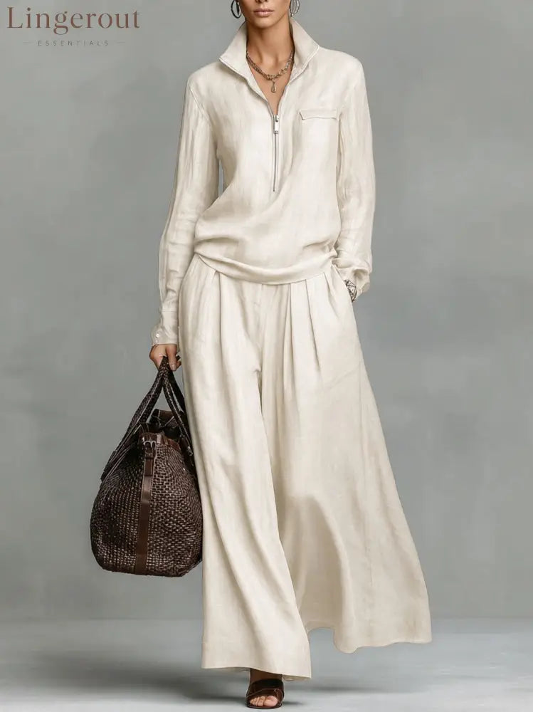 Linen Two Piece Set Women Half Zip Top & Wide Leg Pants Casual Co‑ord Outfit