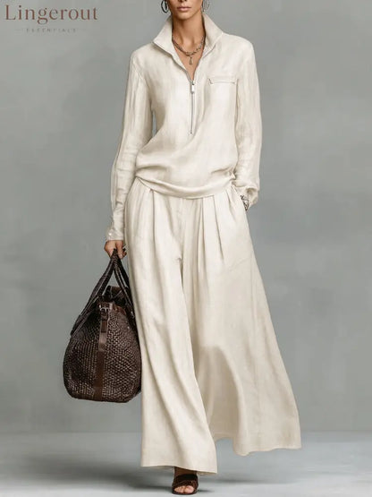 Linen Two Piece Set Women Half Zip Top & Wide Leg Pants Casual Co‑ord Outfit
