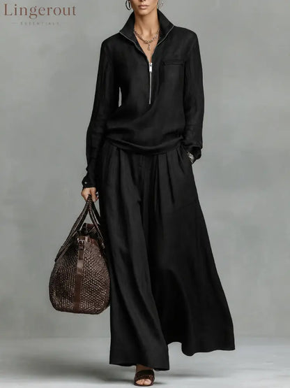 Linen Two Piece Set Women Half Zip Top & Wide Leg Pants Casual Co‑ord Outfit
