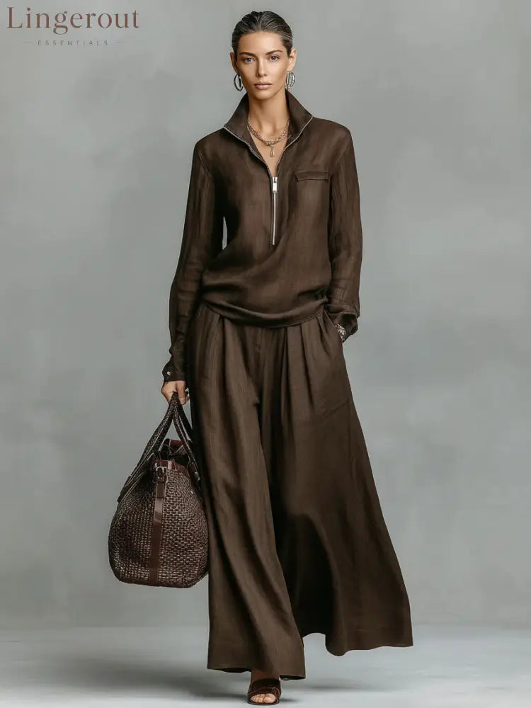 Linen Two Piece Set Women Half Zip Top & Wide Leg Pants Casual Co‑ord Outfit