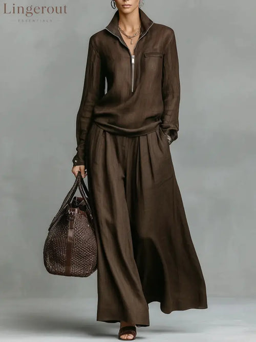 Linen Two Piece Set Women Half Zip Top & Wide Leg Pants Casual Co‑ord Outfit