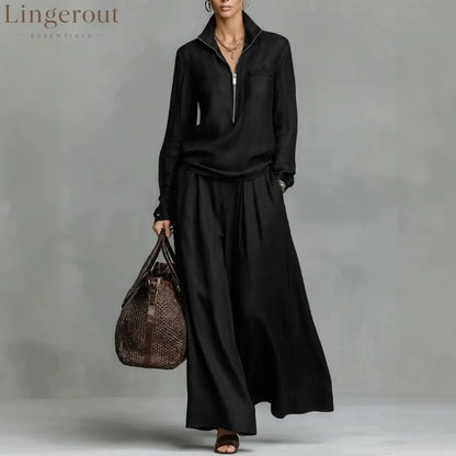 Linen Two Piece Set Women Half Zip Top & Wide Leg Pants Casual Co‑ord Outfit - Black / XS
