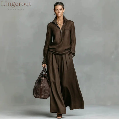 Linen Two Piece Set Women Half Zip Top & Wide Leg Pants Casual Co‑ord Outfit - Brown / XS