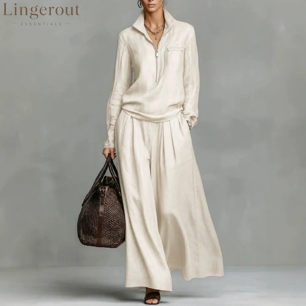 Linen Two Piece Set Women Half Zip Top & Wide Leg Pants Casual Co‑ord Outfit - Milky white / XS