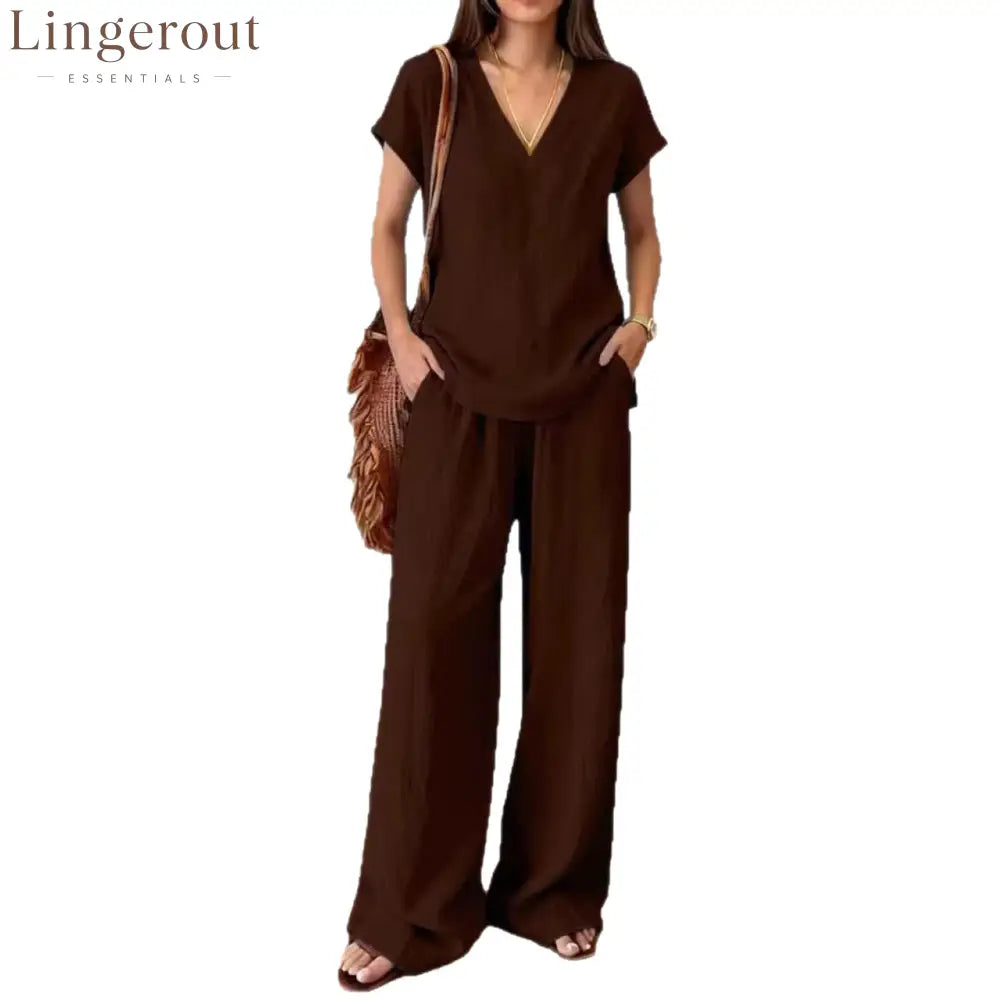 Linen V Neck Cap Sleeve Top & Elastic Waist Wide Leg Pants 2 Piece Co-Ord Set