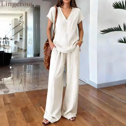 Linen V Neck Cap Sleeve Top & Elastic Waist Wide Leg Pants 2 Piece Co-Ord Set