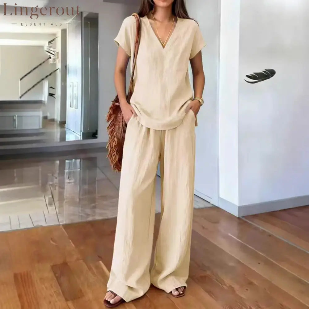 Linen V Neck Cap Sleeve Top & Elastic Waist Wide Leg Pants 2 Piece Co-Ord Set