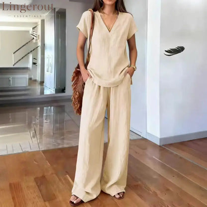 Linen V Neck Cap Sleeve Top & Elastic Waist Wide Leg Pants 2 Piece Co-Ord Set