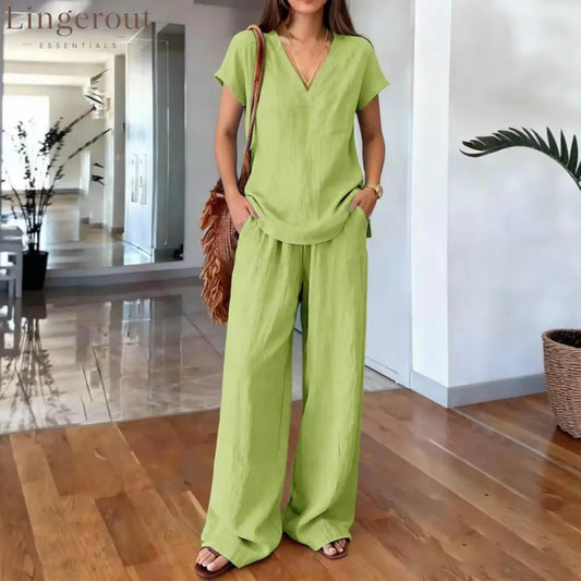 Linen V Neck Cap Sleeve Top & Elastic Waist Wide Leg Pants 2 Piece Co-Ord Set
