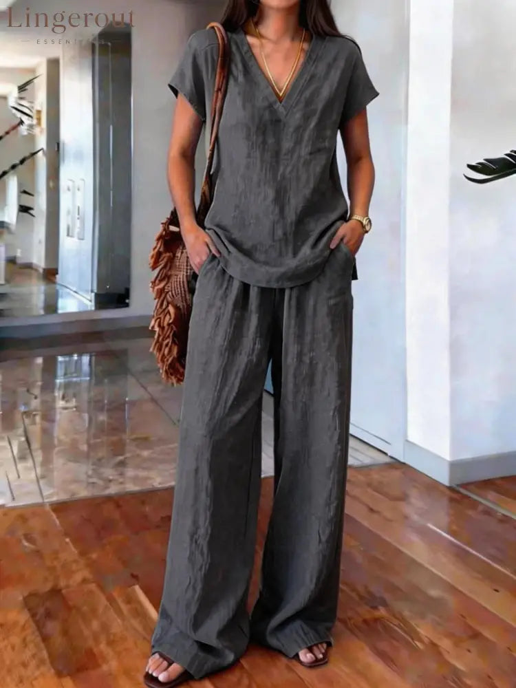 Linen V Neck Cap Sleeve Top & Elastic Waist Wide Leg Pants 2 Piece Co-Ord Set - Black / S