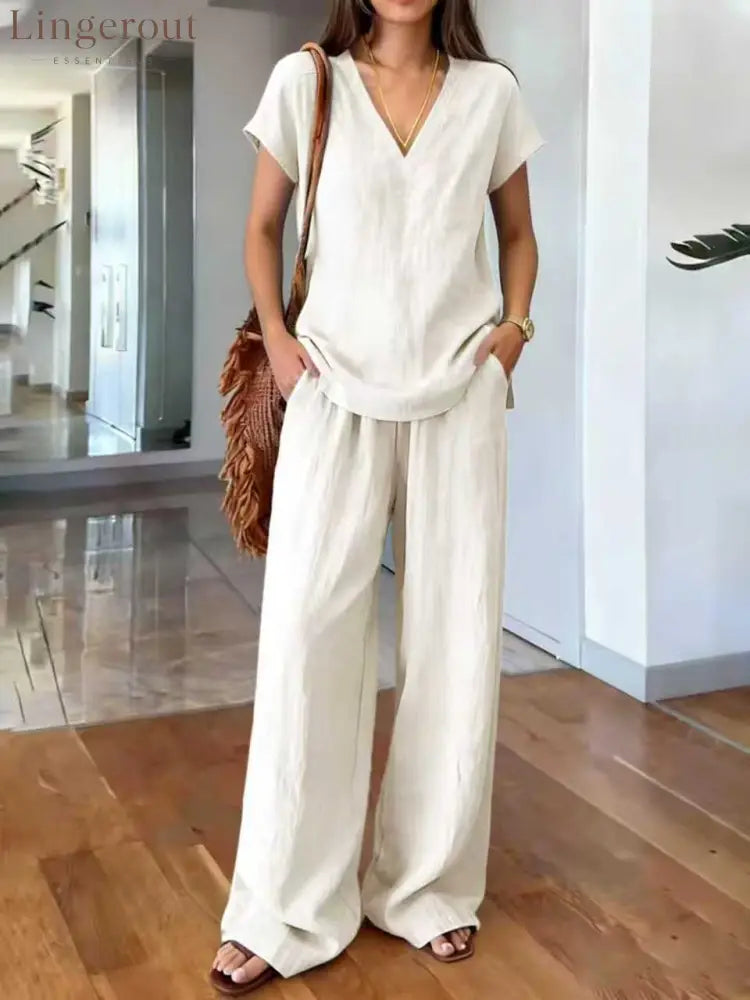 Linen V Neck Cap Sleeve Top & Elastic Waist Wide Leg Pants 2 Piece Co-Ord Set - White / S