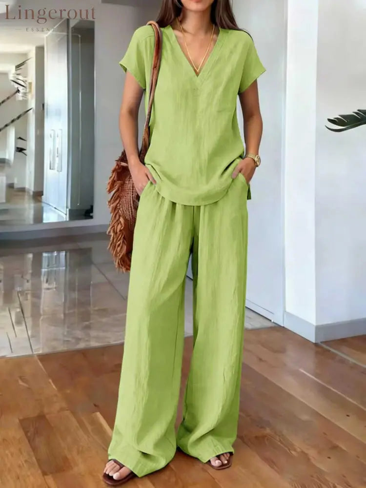 Linen V Neck Cap Sleeve Top & Elastic Waist Wide Leg Pants 2 Piece Co-Ord Set - Yellow-green / S