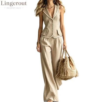 Linen White Piping Sleeveless Vest Wide Leg Pants Two Piece Suit