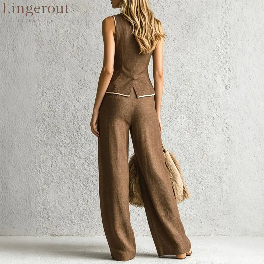 Linen White Piping Sleeveless Vest Wide Leg Pants Two Piece Suit
