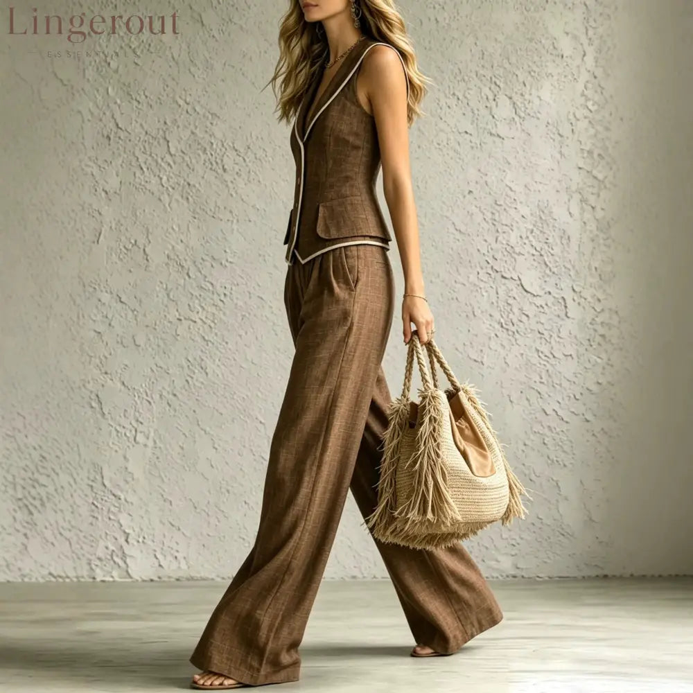 Linen White Piping Sleeveless Vest Wide Leg Pants Two Piece Suit