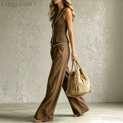 Linen White Piping Sleeveless Vest Wide Leg Pants Two Piece Suit
