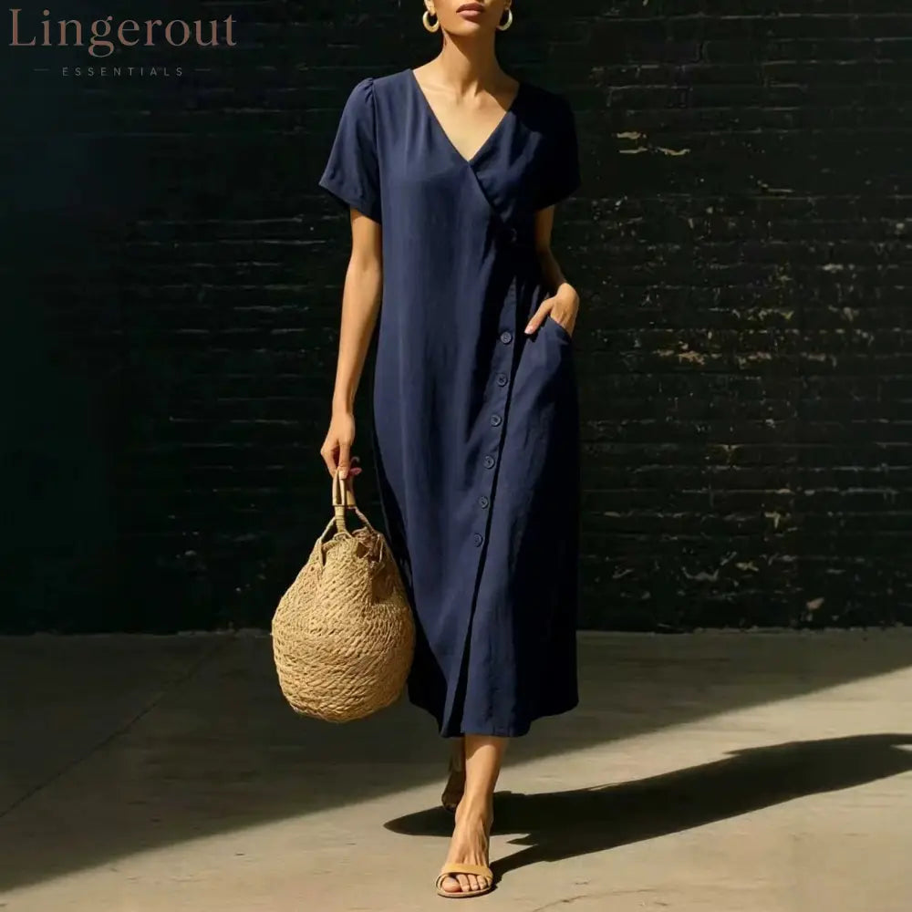 Linen Wrap V Neck Side Button Short Sleeve Midi Dress
