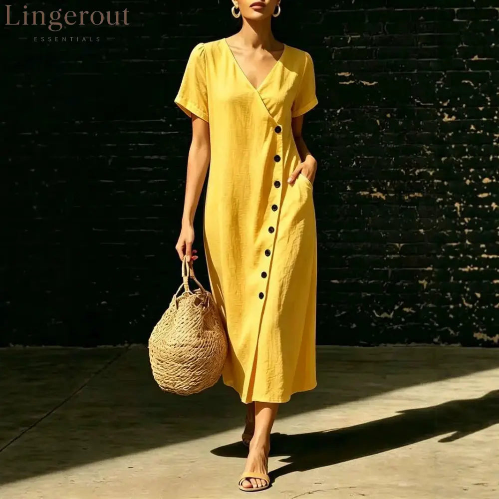Linen Wrap V Neck Side Button Short Sleeve Midi Dress