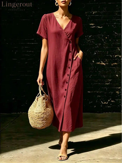 Linen Wrap V Neck Side Button Short Sleeve Midi Dress - Claret / S