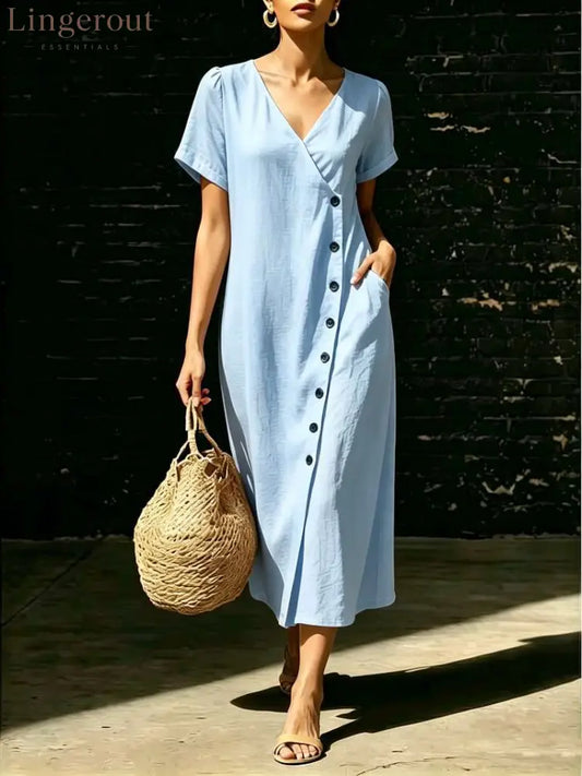 Linen Wrap V Neck Side Button Short Sleeve Midi Dress - Sky blue / S