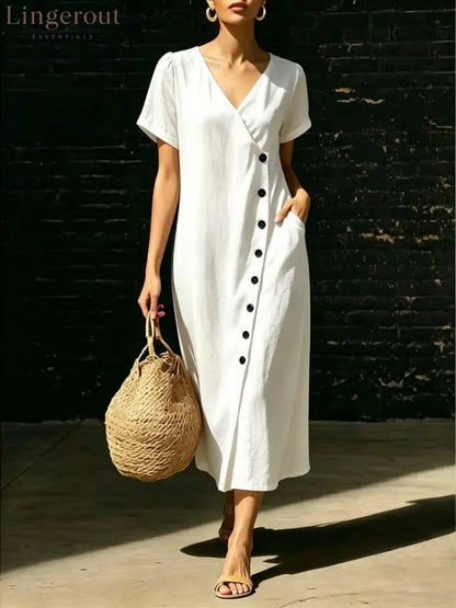 Linen Wrap V Neck Side Button Short Sleeve Midi Dress - White / S