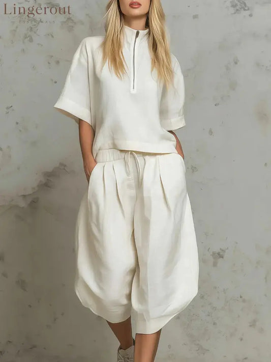 Linen Zip-Neck Top & Harem Culottes Set - White / S