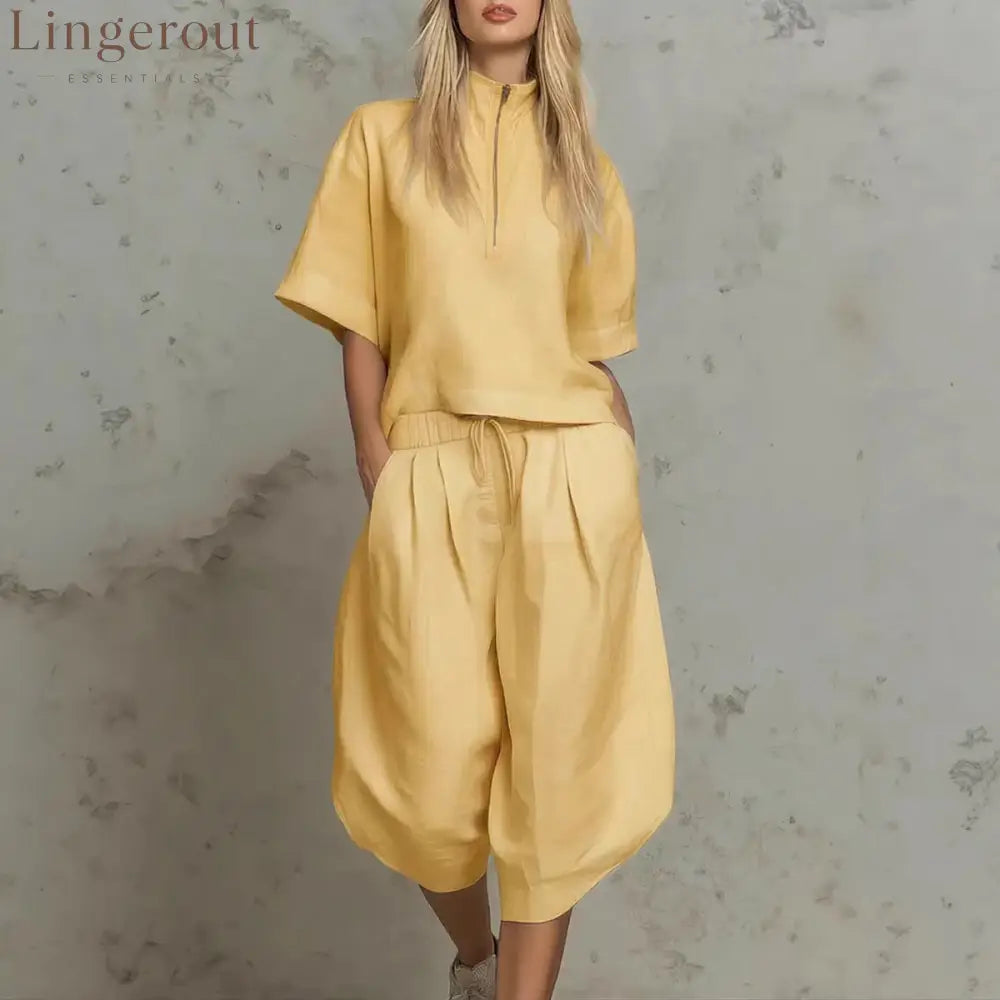 Linen Zip-Neck Top & Harem Culottes Set - Yellow / S