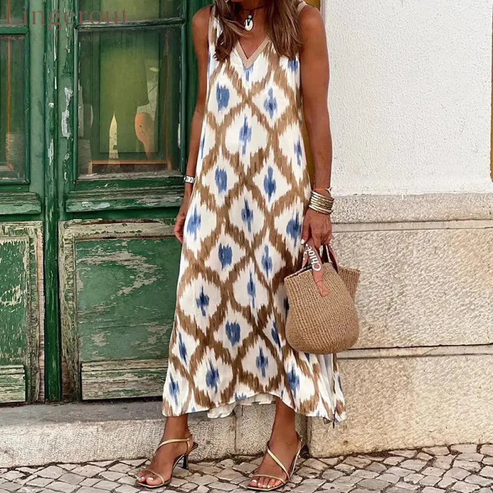 Long Dress Women Dresses Print Vestidos Y2k Streetwear V Neck Sleeveless Elegant Splice Night Party Casual Beach Work